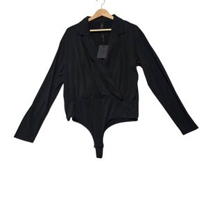 Y.A.S Yassue LS Bodystocking Women XL Black Long Sleeve Wrap Front Bodysuit